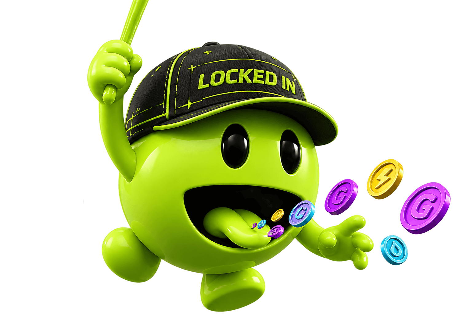 Glossy lime GULP mascot in a detailed Locked In cap, gripping a slime rope and gulping floating channel tokens